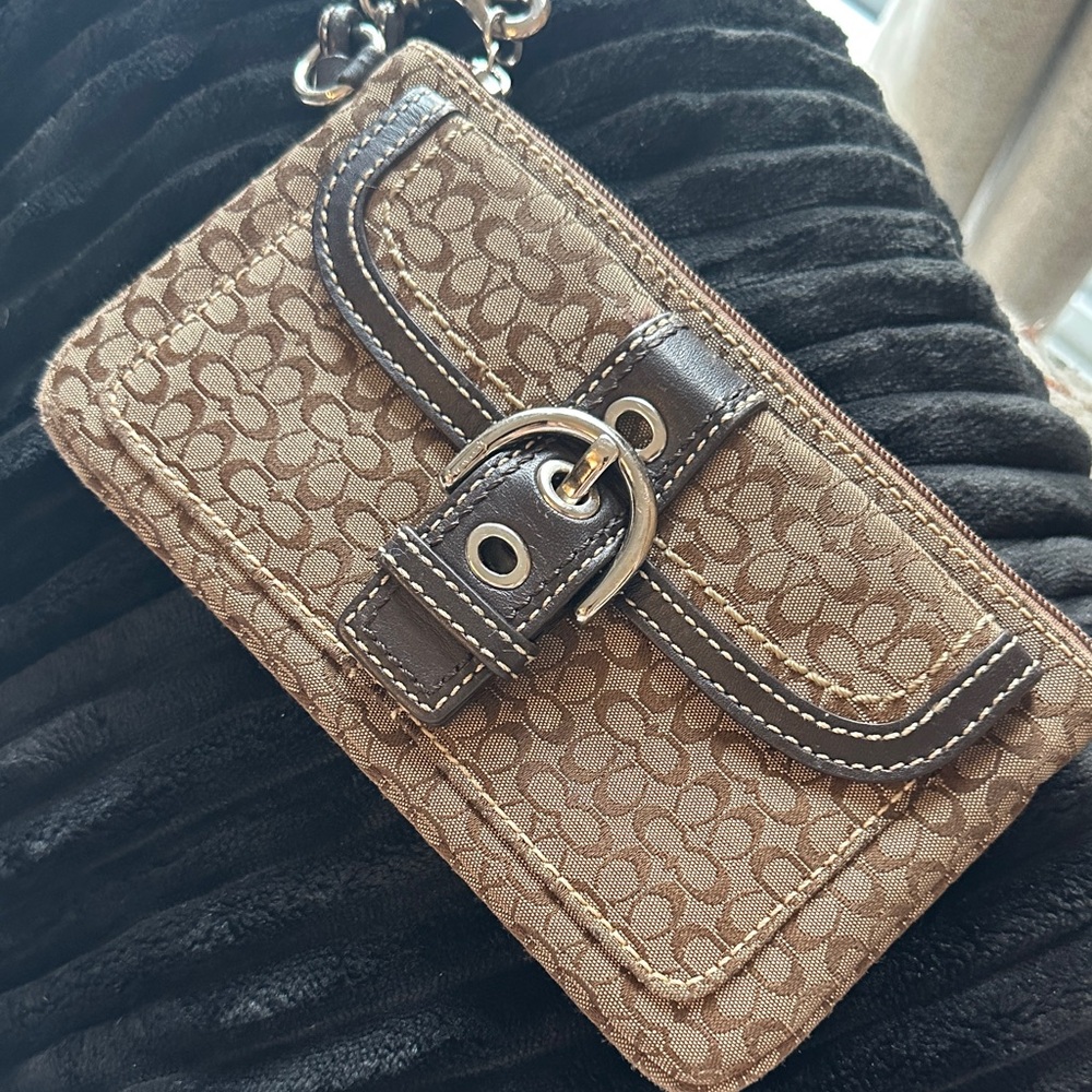 Coach Signature Leather Wristlet Bag with Buckle Detail